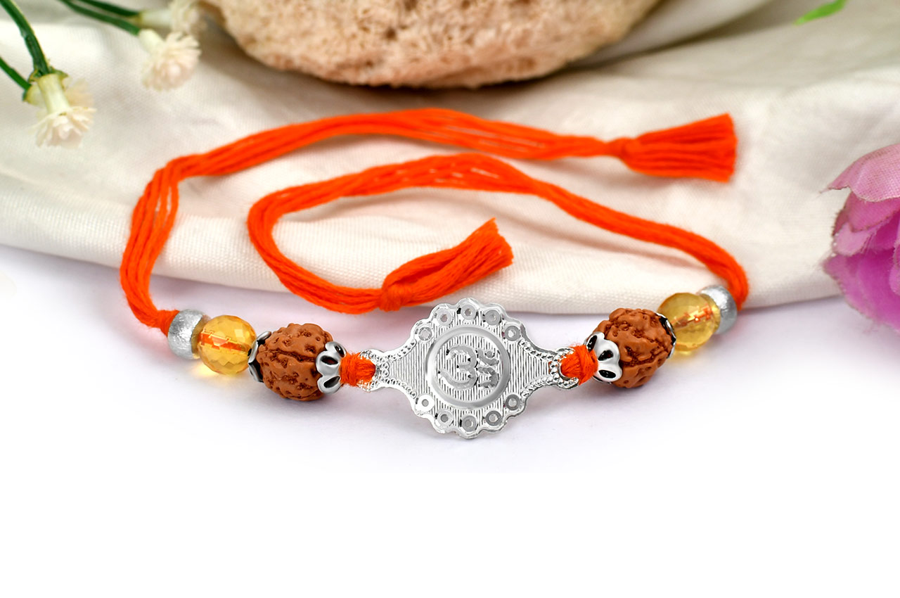 4 mukhi Rakhi Citrine bead with pure silver accessories in thread - V