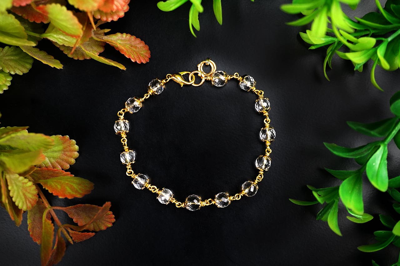 Round Faceted Sphatik Bracelet with Gold Polish Caps & Hook