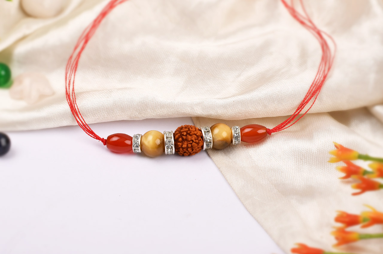 4 Mukhi Rakhi Carnelian and Cats eye Beads with German silver accessories