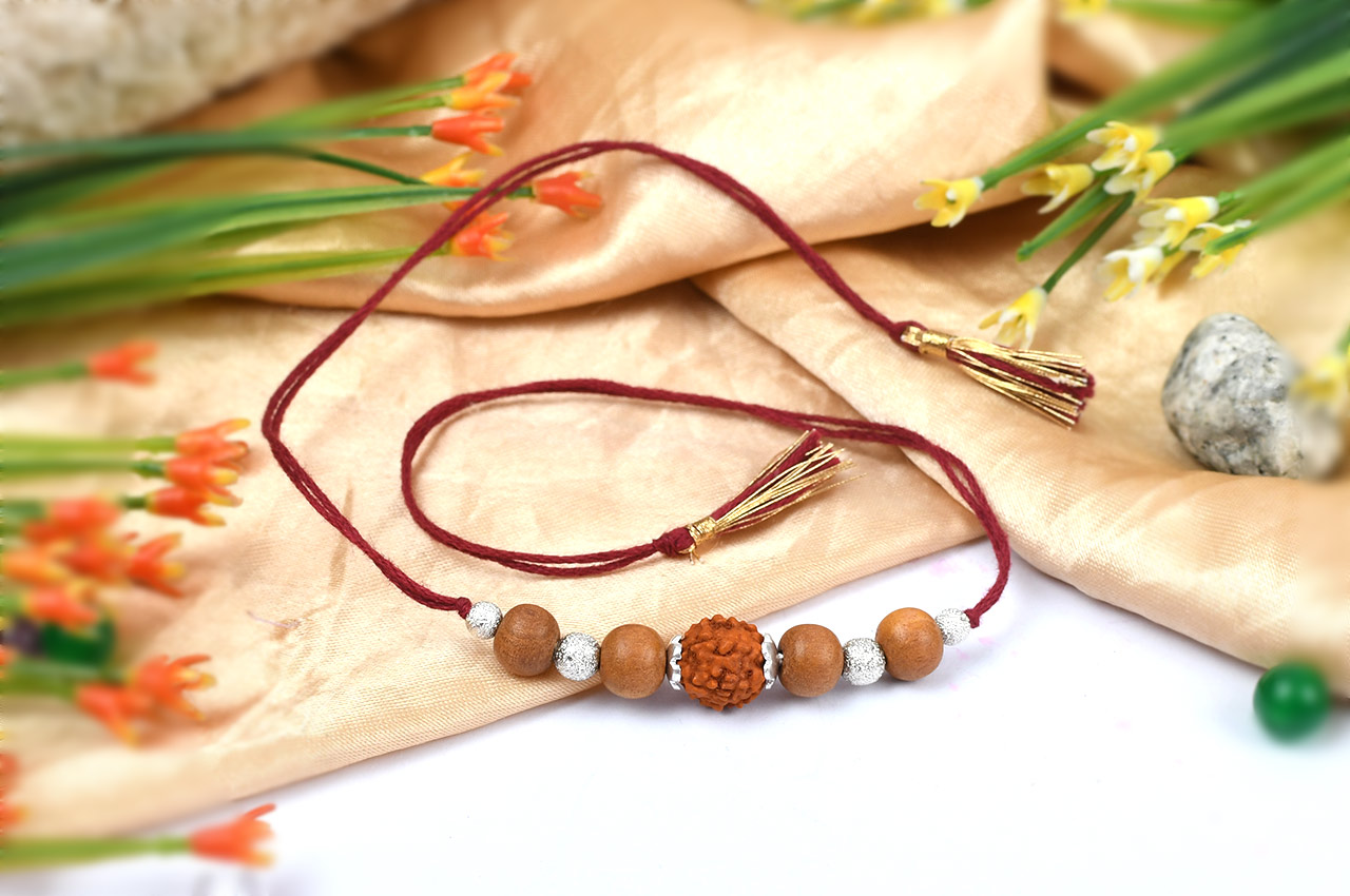 4 Mukhi Rakhi Sandalwood Beads with German silver accessories