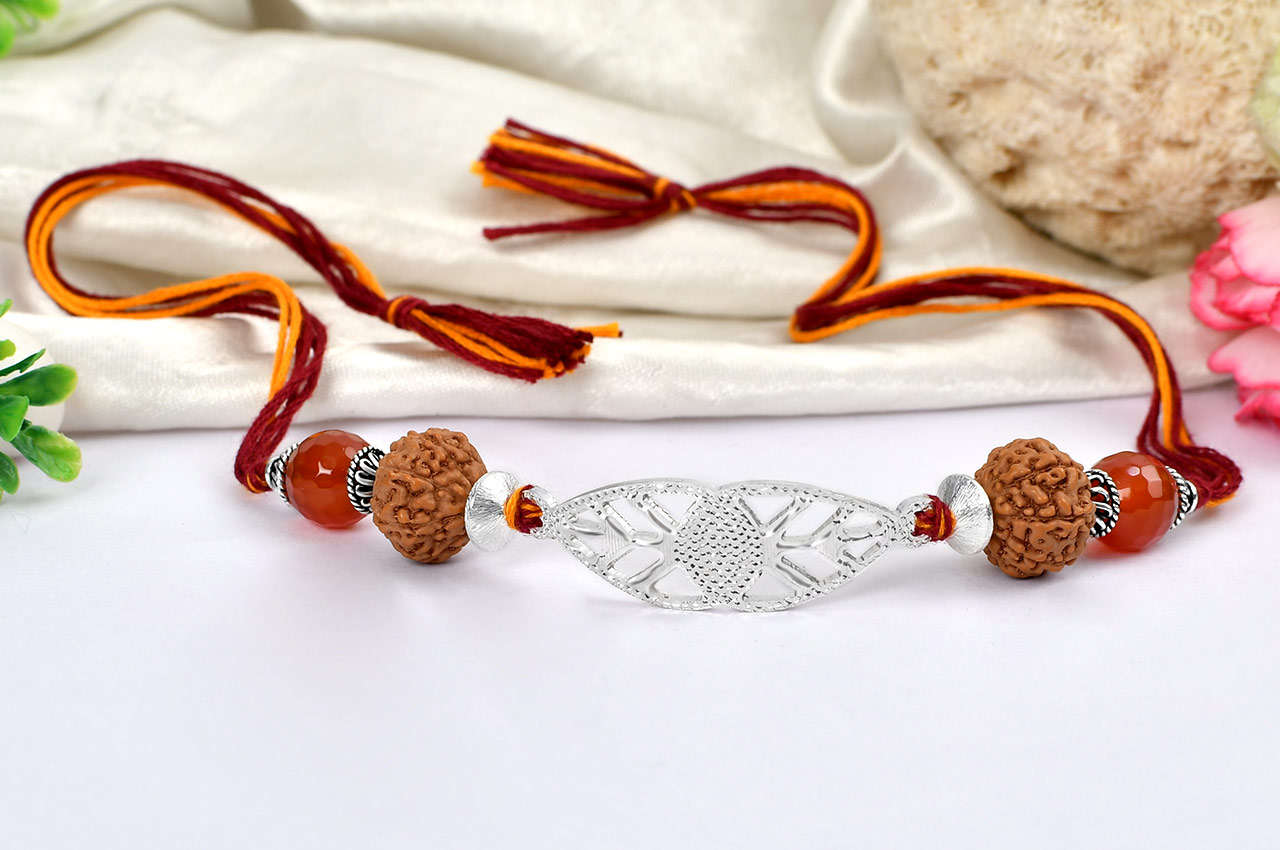 8 mukhi Rakhi Carnelian beads with pure silver accessories in thread