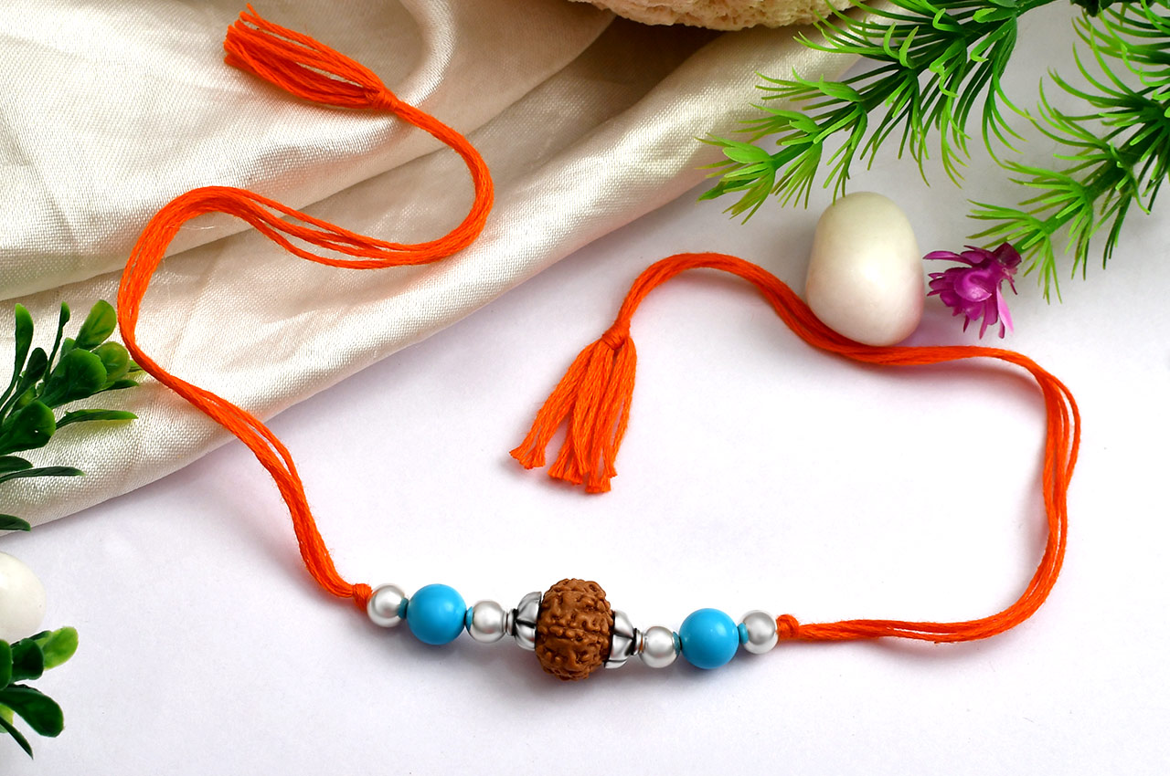 8 mukhi Rakhi Turquoise beads with pure silver accessories in thread