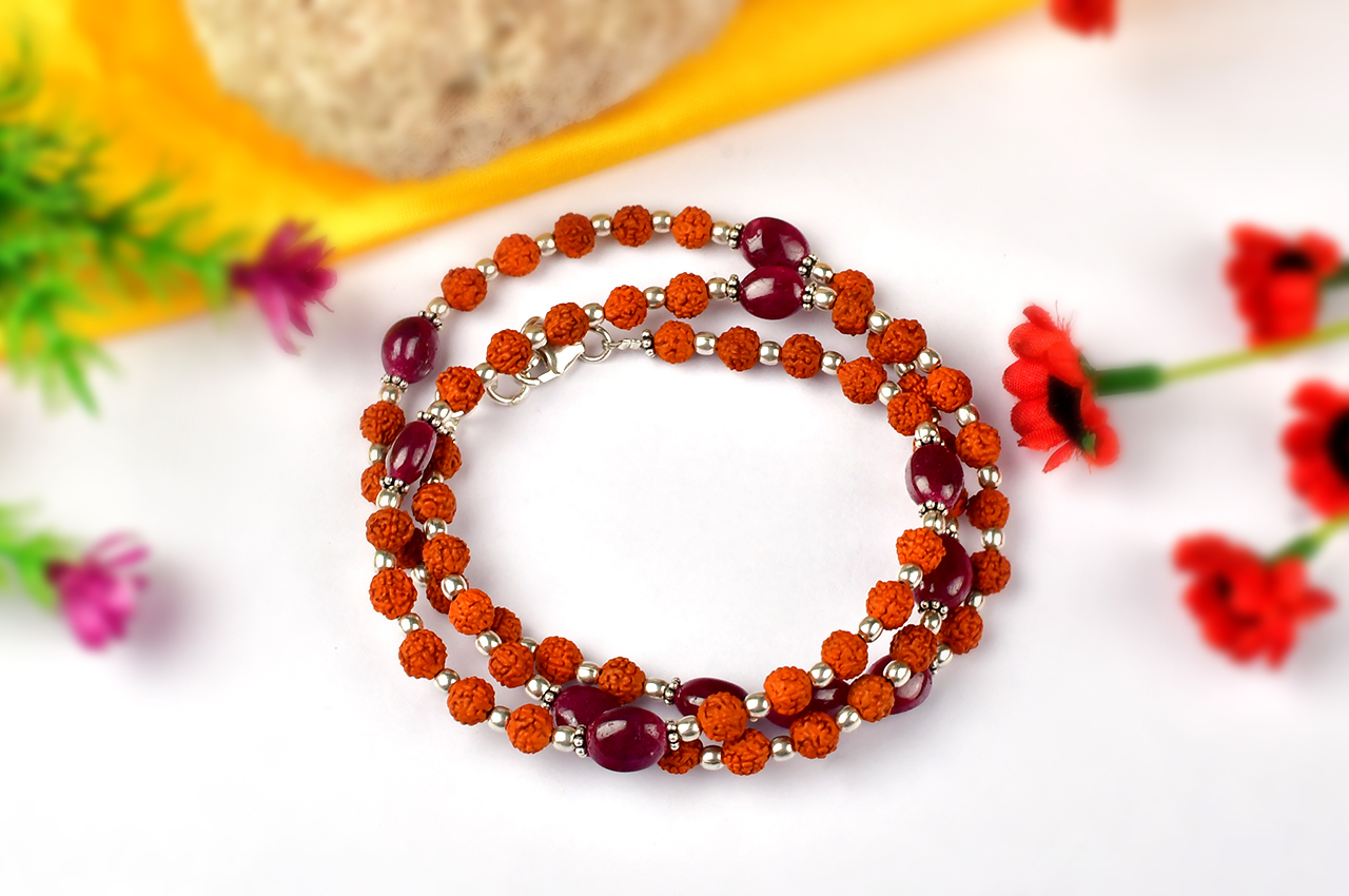 Rudraksha & Ruby Silver Necklace