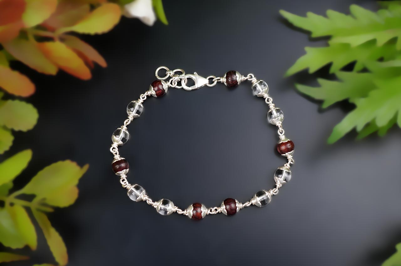 Round Sphatik & Red Sandalwood Bracelet with Silver Caps & Hook
