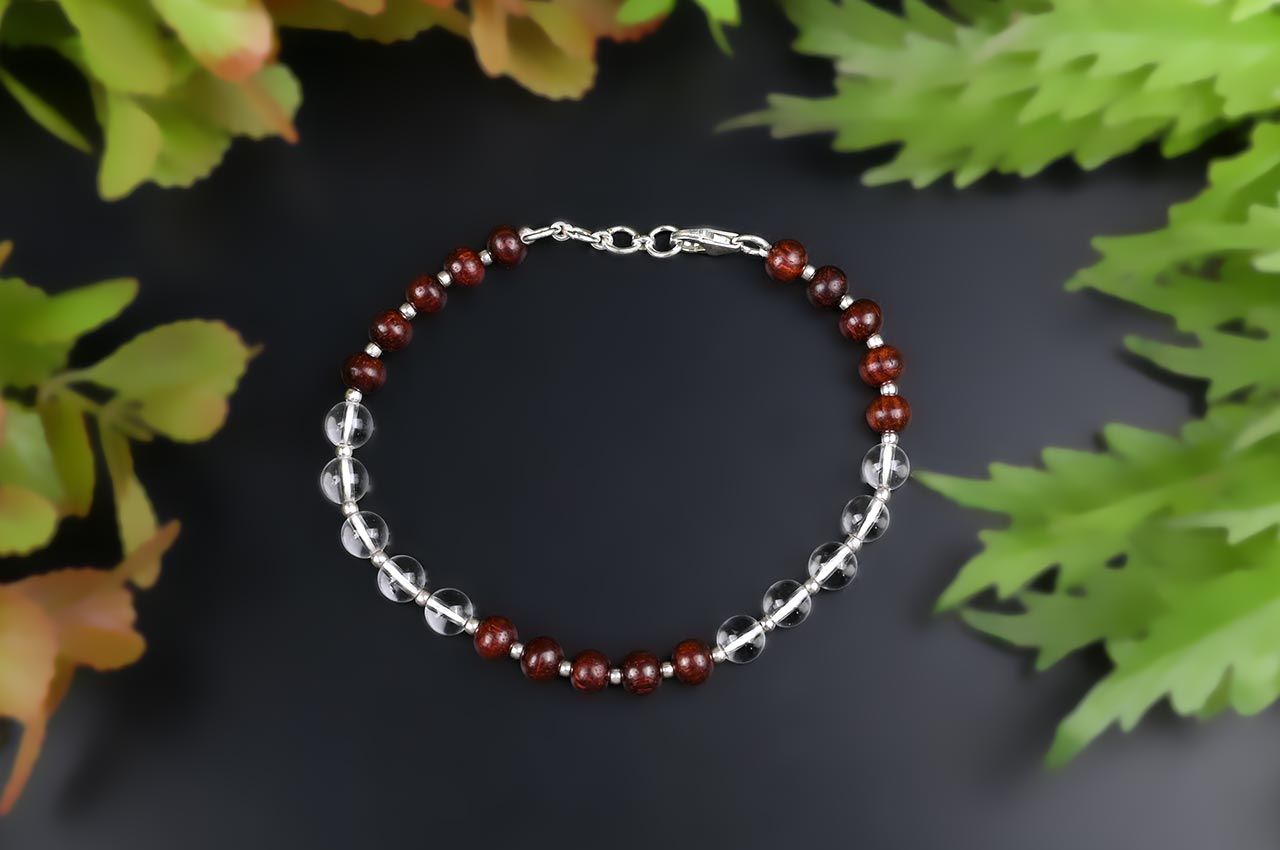 Round Sphatik & Red Sandalwood Bracelet with Silver Balls & Hook