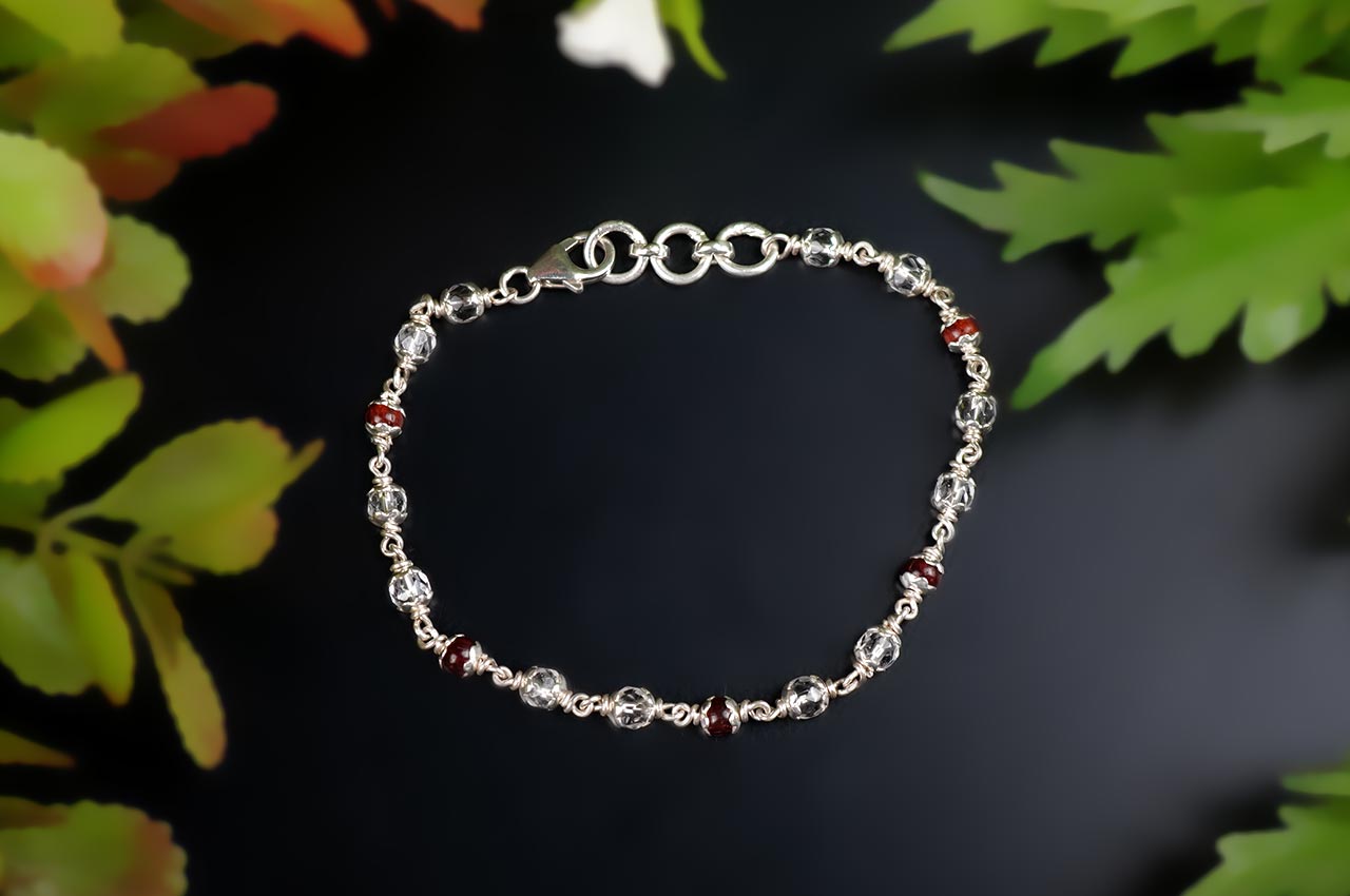 Round Faceted Sphatik & Red Sandalwood Bracelet with Silver Caps & Hook