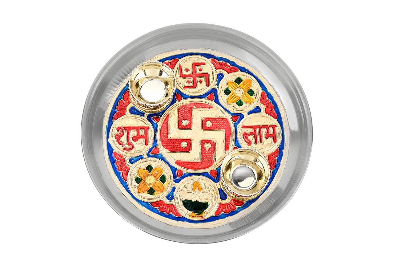 Swastik Subh Labh Puja Thali with Haldi Kumkum Containers