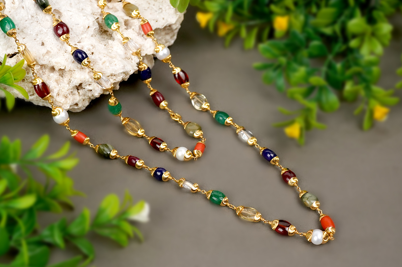 Navratna Gemstone Mala in Designer Gold 22K Caps