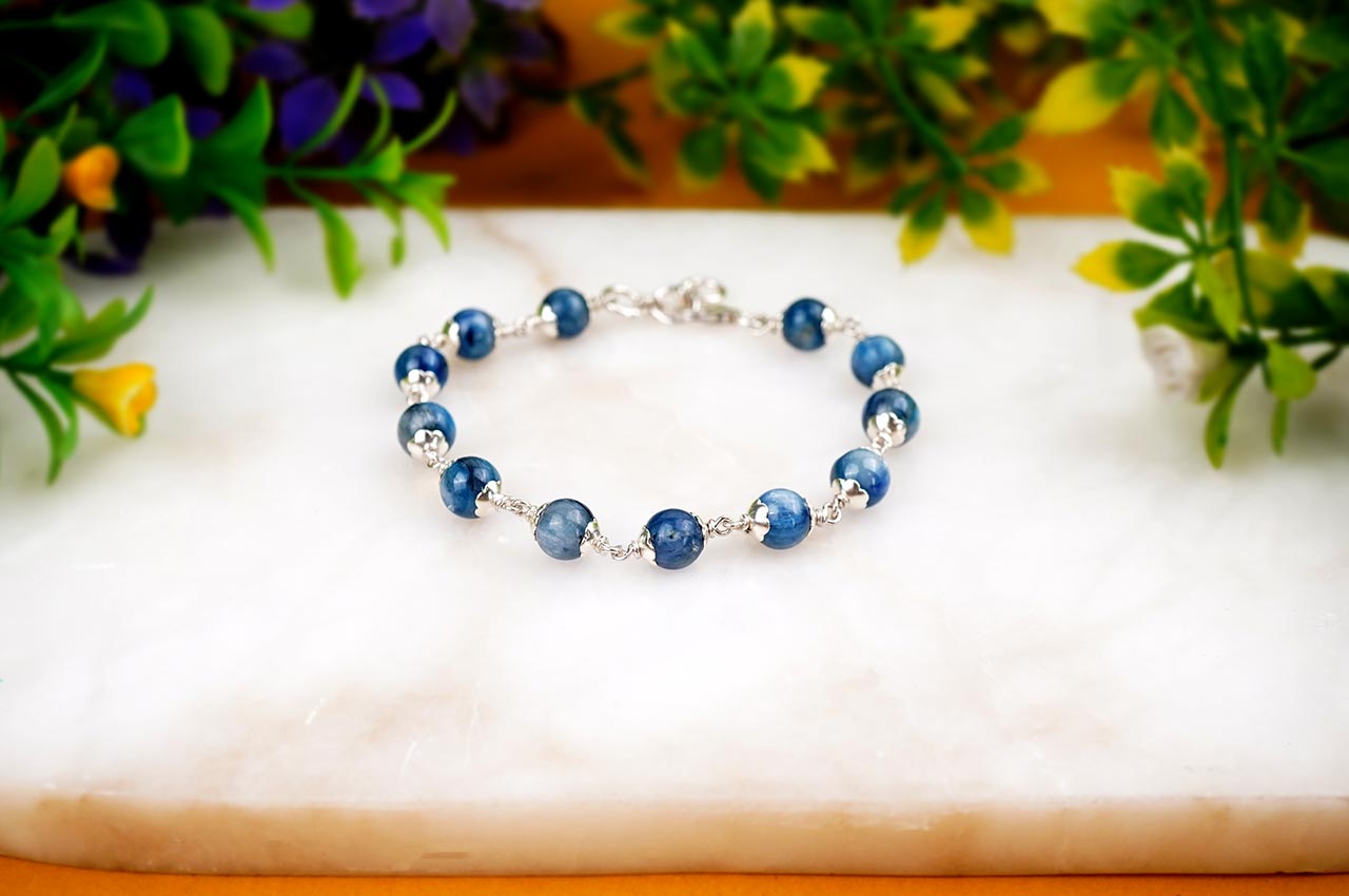 Kyanite Bracelet With Silver Flower Caps - I