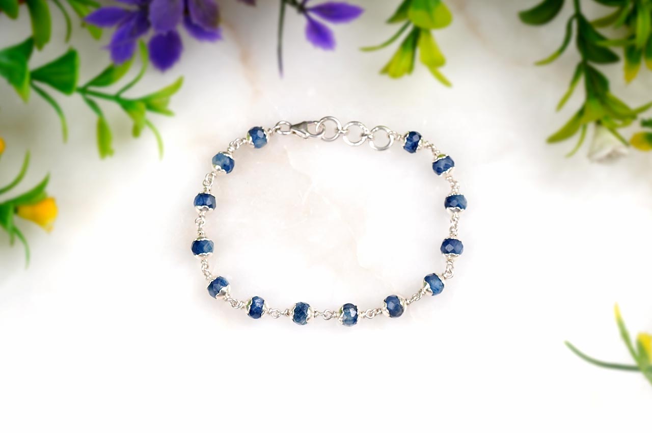 Kyanite Faceted Silver Flower Caps Bracelet