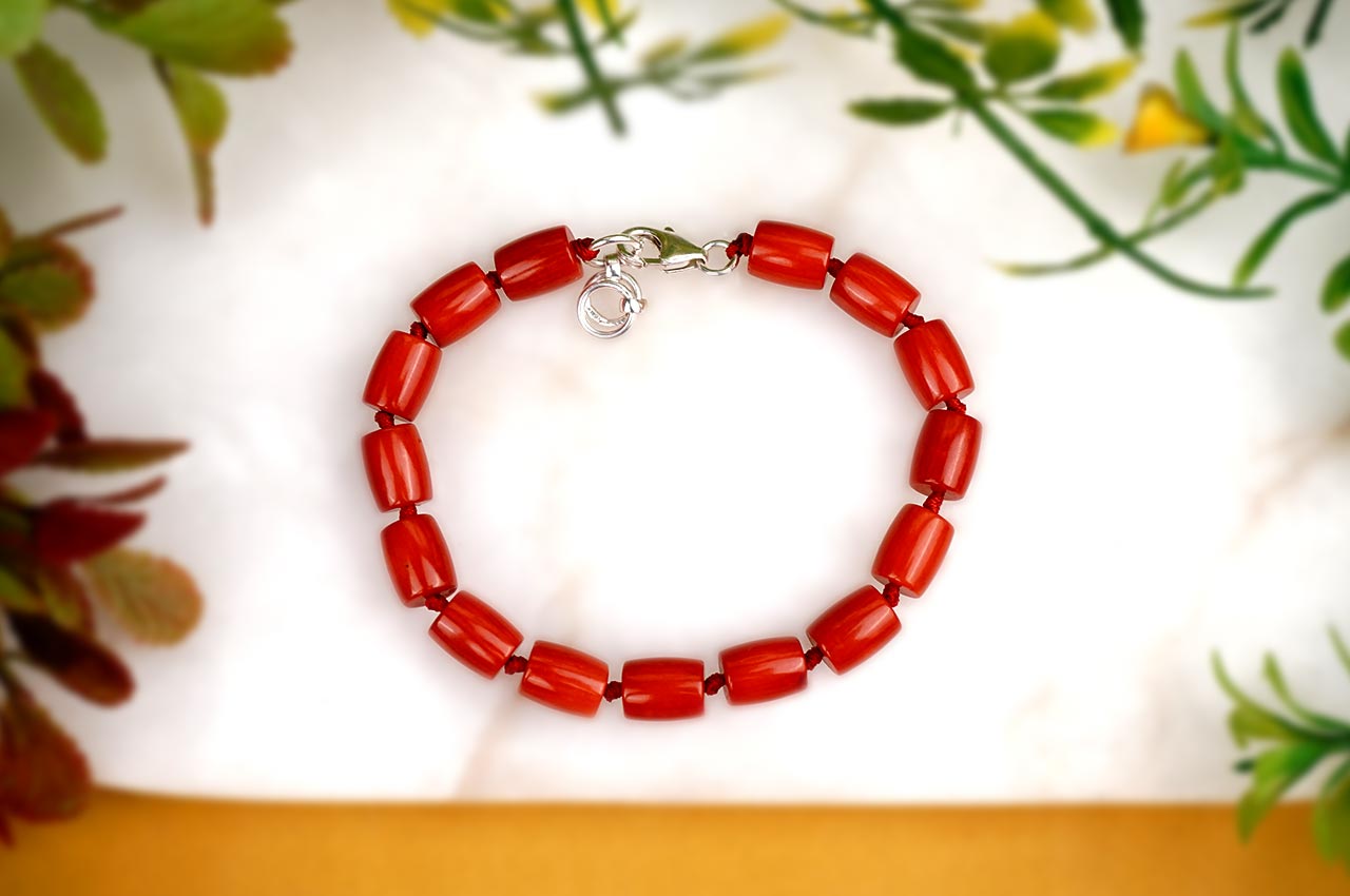 Red Coral Drum Shape Beads Bracelet