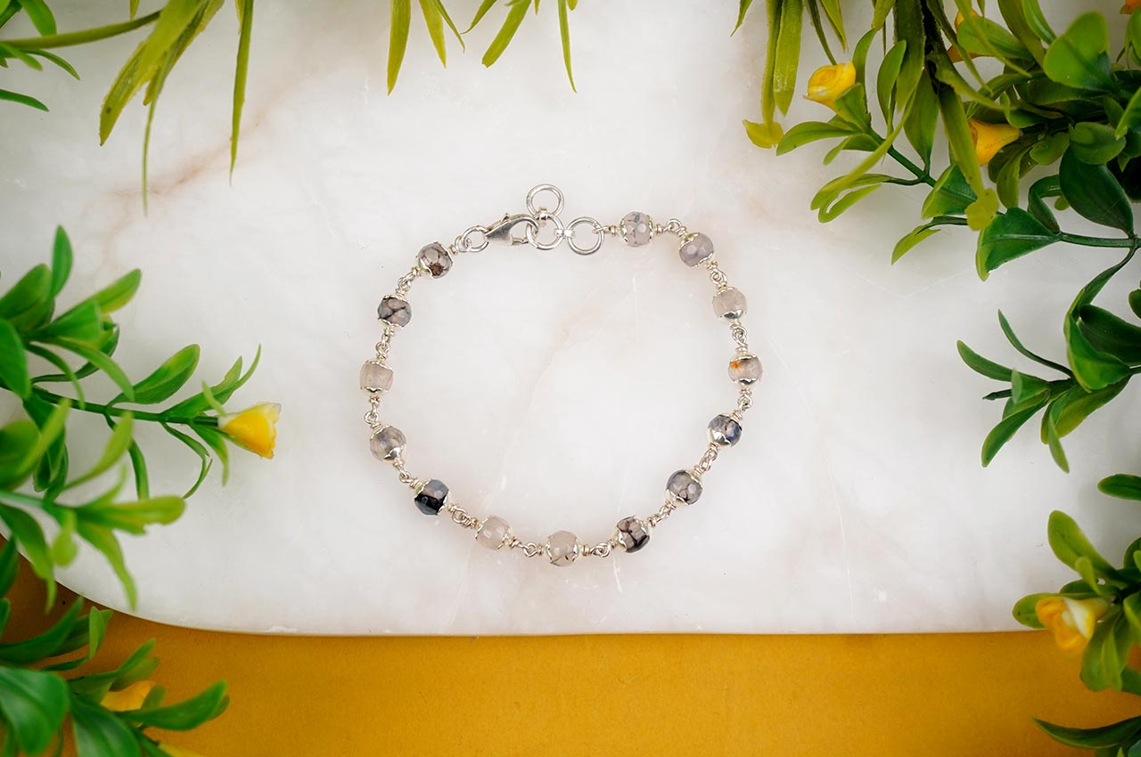 Smoky Quartz Faceted Silver Flower Caps Bracelet