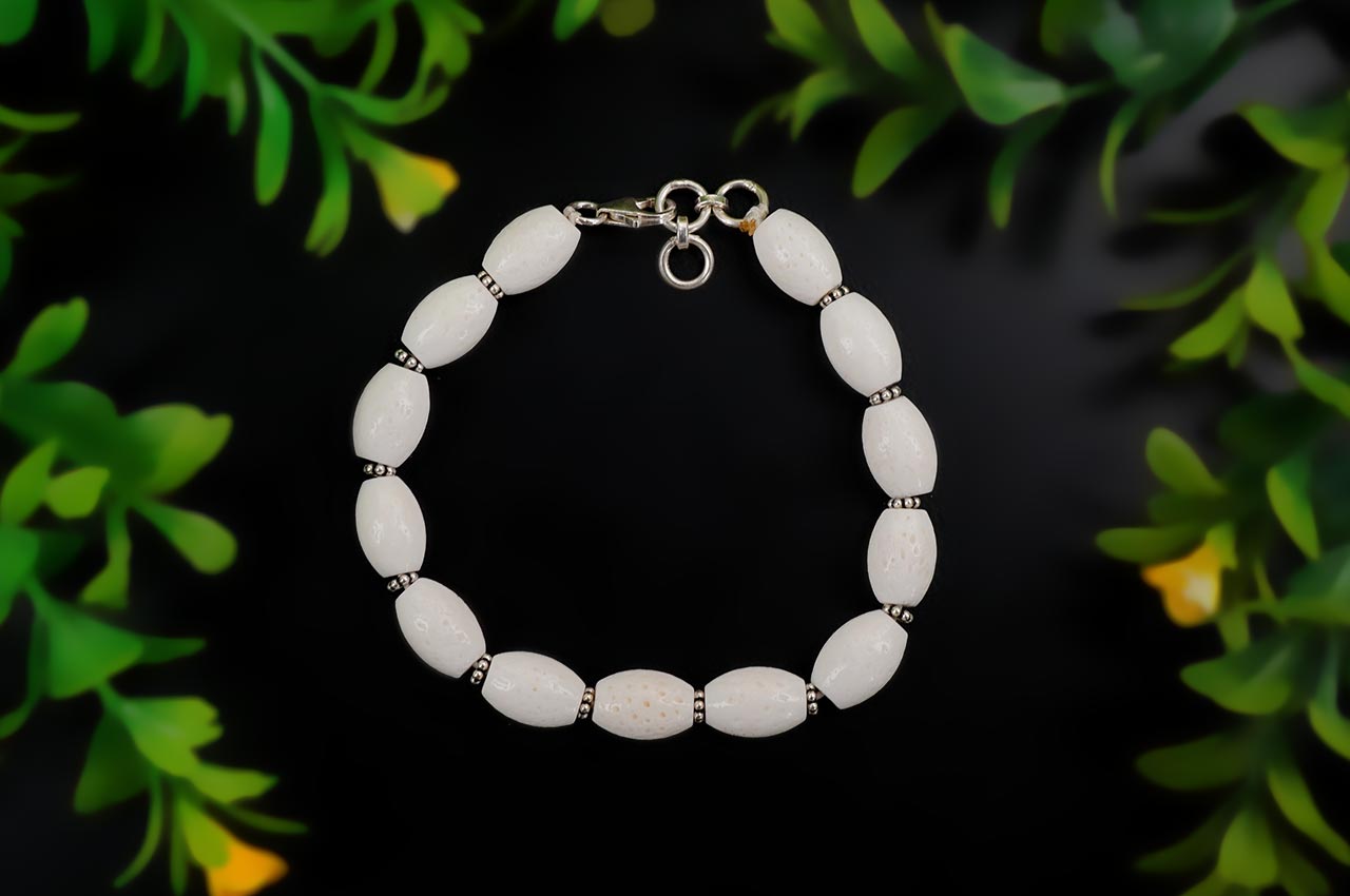 White Coral Drum Shape Silver Chakri Bracelet