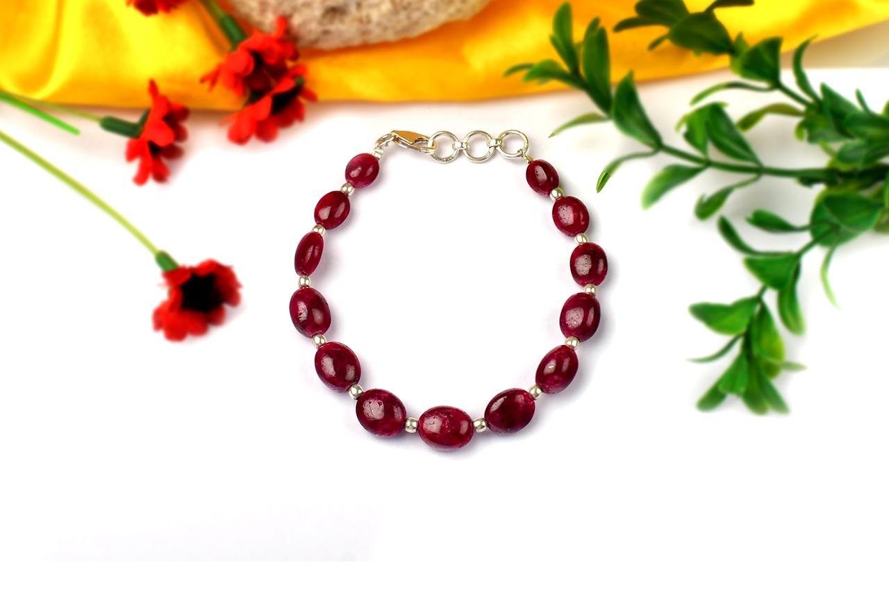 Ruby Oval Beads Silver Balls Bracelet