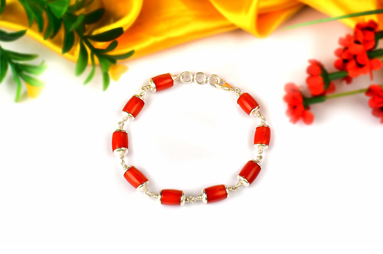 Red Coral Cylindrical Beads in Plain Silver Caps Bracelet