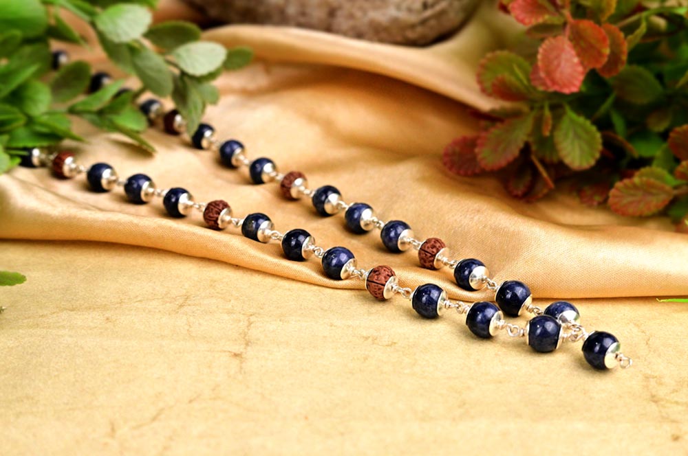 Blue Sapphire & Rudraksha 925 Plain Silver Caps Mala
