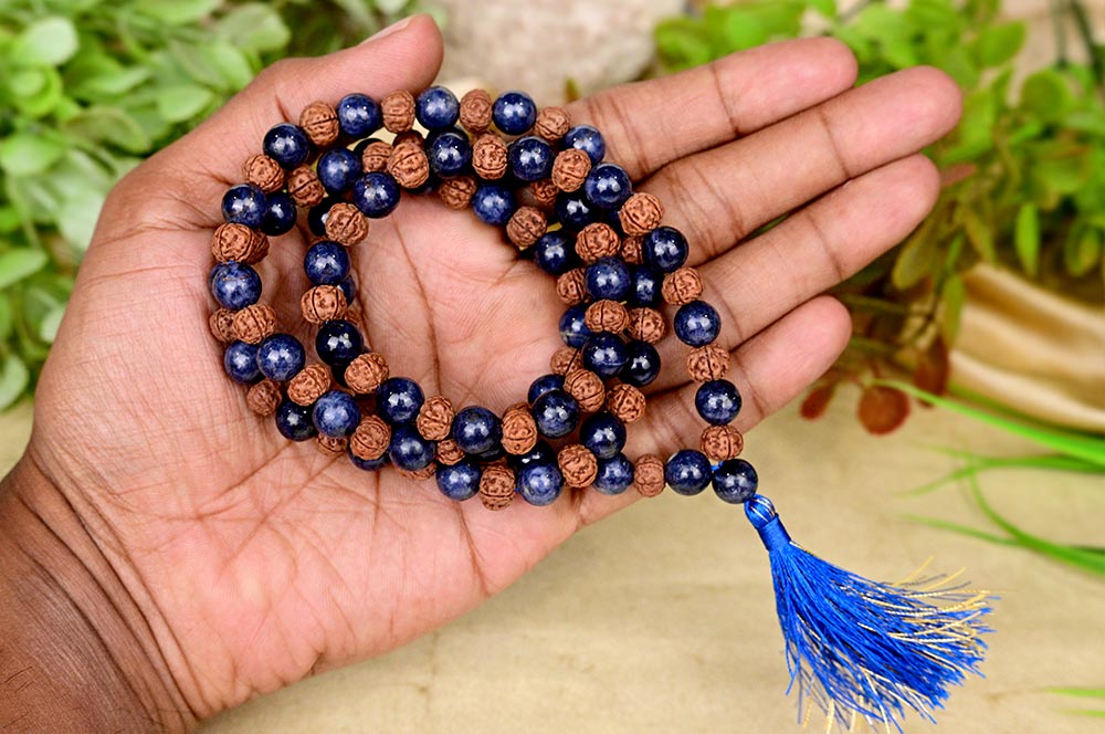 Blue sapphire & Rudraksha (5 Mukhi) Mala with Tassel