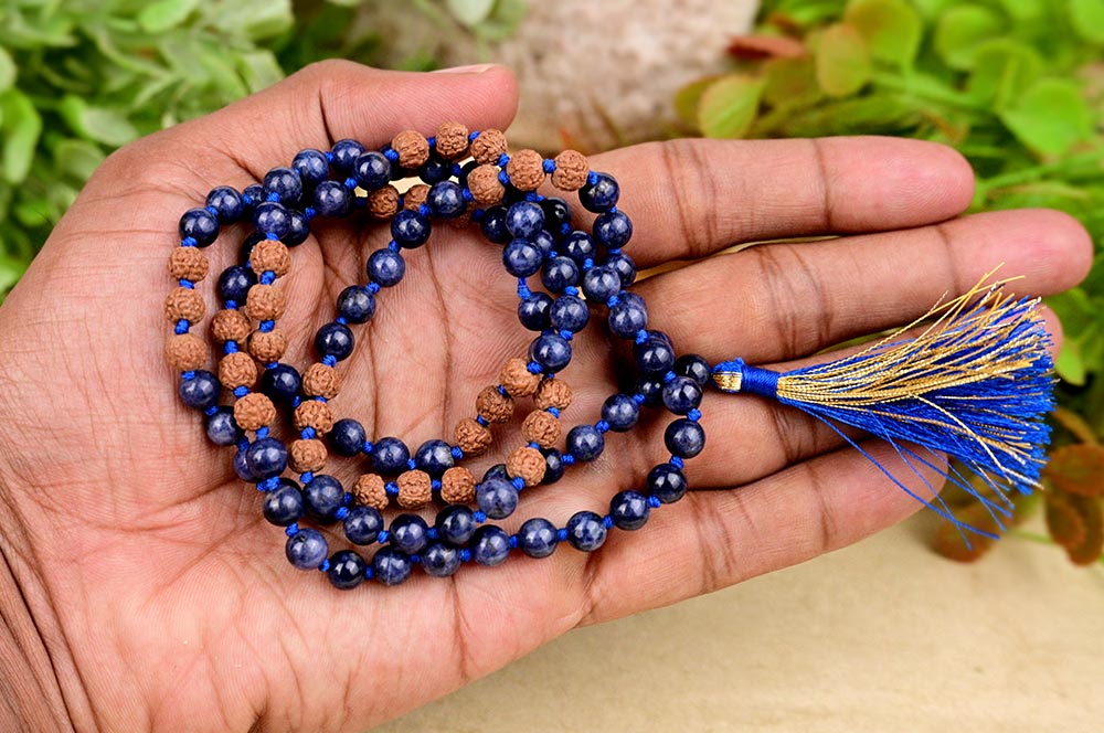 Blue Sapphire & Panch Mukhi Rudraksha Mala with Tassel