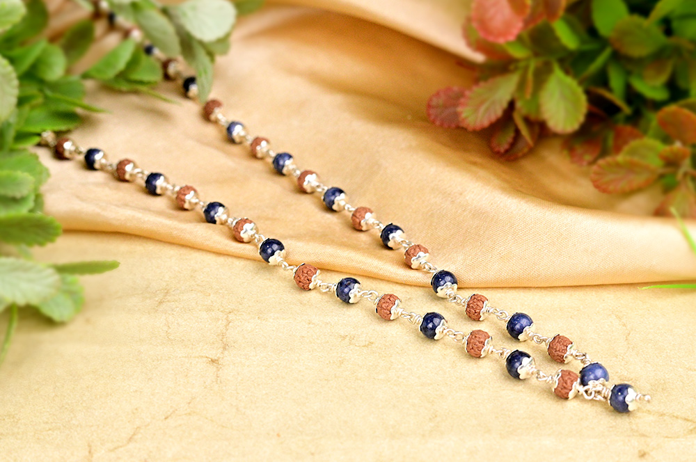 Rudraksha & Blue Sapphire 925 Silver Flower Caps Mala