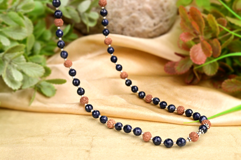 Faceted Blue Sapphire & Rudraksha 925 Silver Balls & Chakri Mala