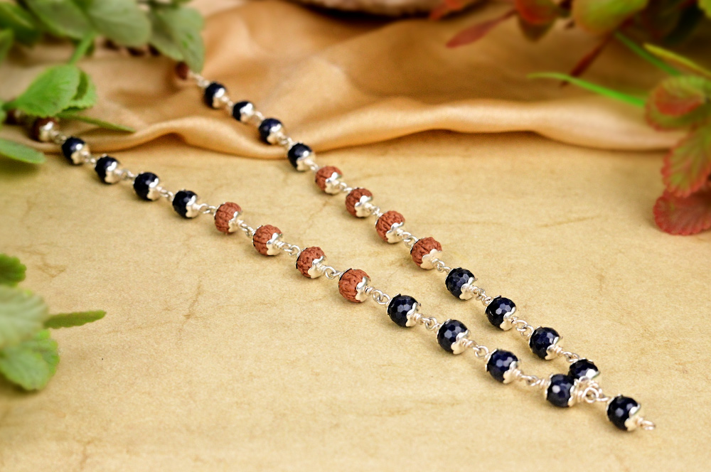 Rudraksha & Blue Sapphire (Faceted) 925 Silver Flower Caps Mala