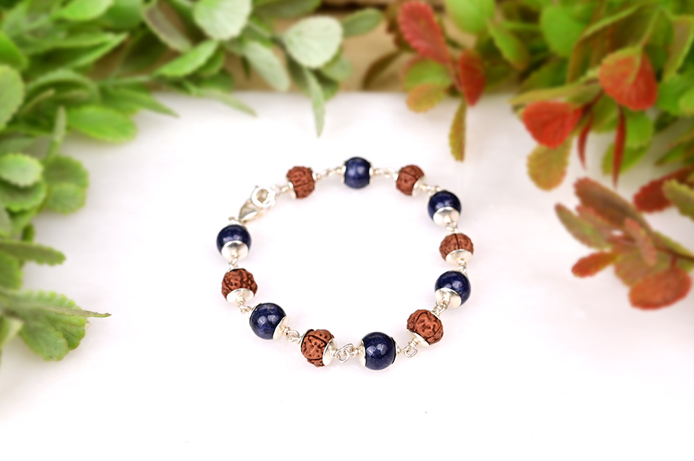 Blue Sapphire & Rudraksha 925 Silver Caps Bracelet