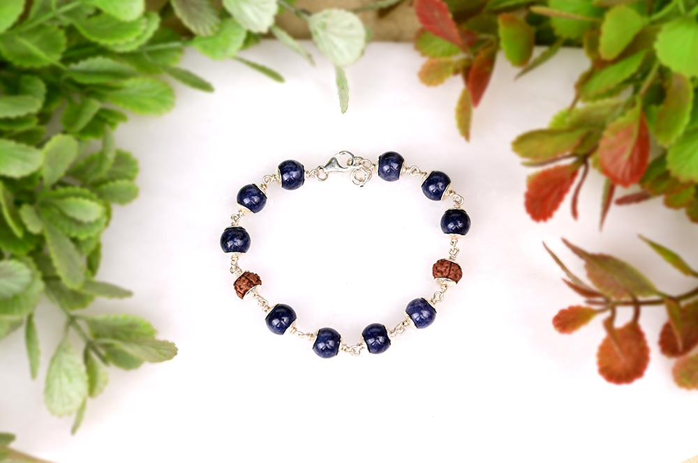 Rudraksha & Blue Sapphire 925 Silver Caps Bracelet