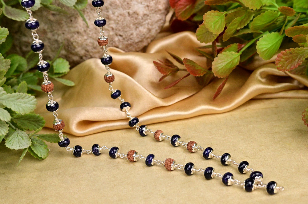 Blue Sapphire (Button Shape) & Rudraksha 925 Silver Caps Mala