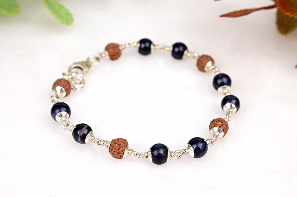 Rudraksha & Blue Sapphire 925 Plain Silver Caps Bracelet
