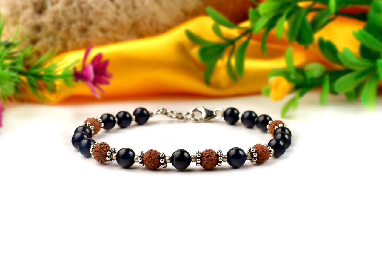 Blue Sapphire & Rudraksha 925 Silver Chakri & Balls Bracelet