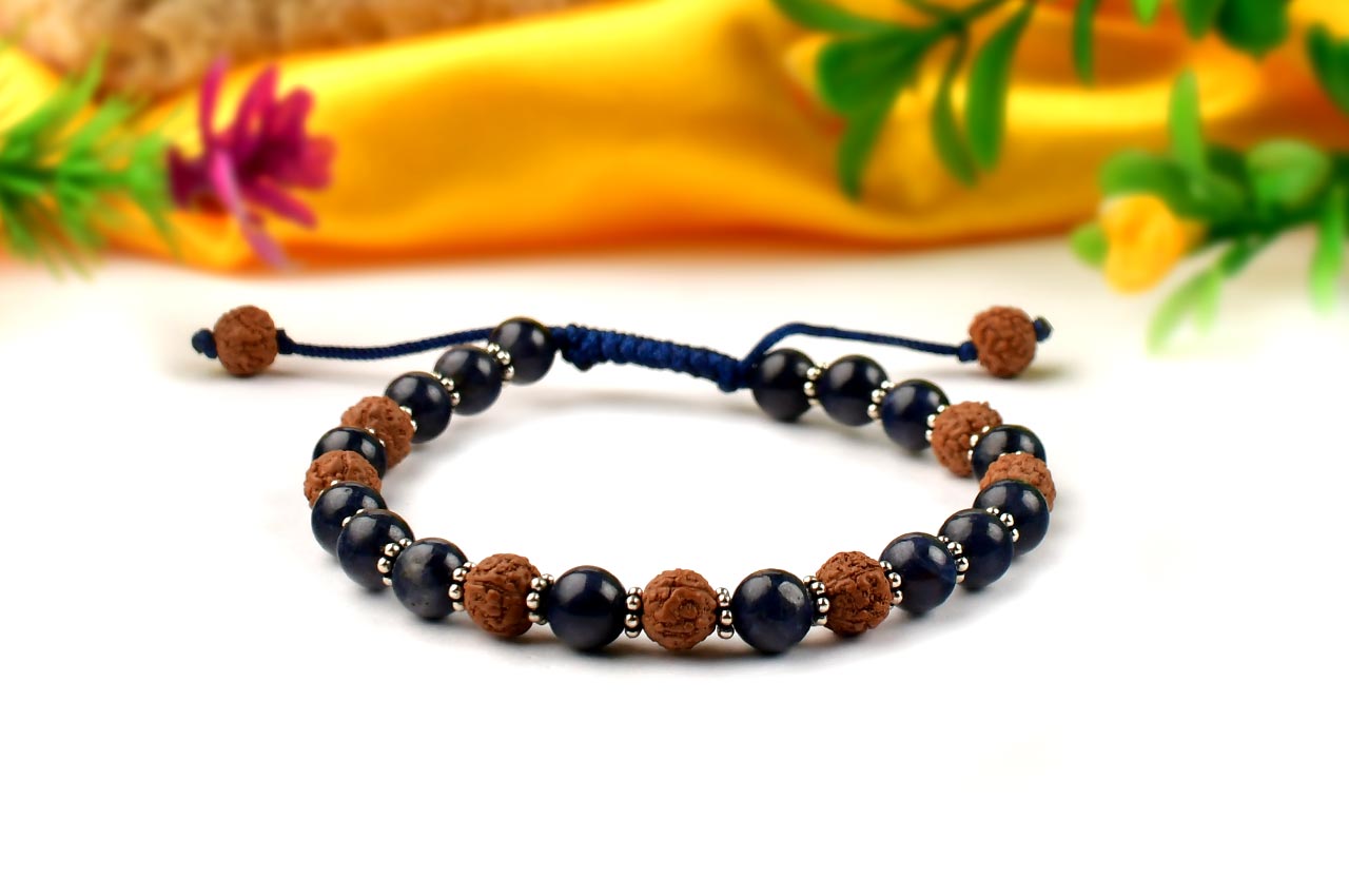 Blue Sapphire & Rudraksha Bracelet With Silver Chakri & Adjustable Thread