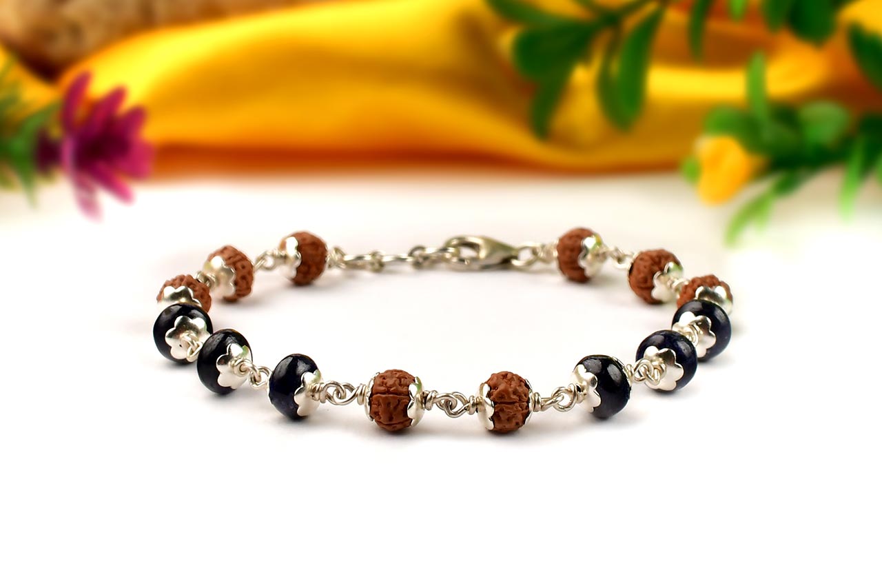 Rudraksha & Blue Sapphire (Button Shape) 925 Silver Flower Caps Bracelet