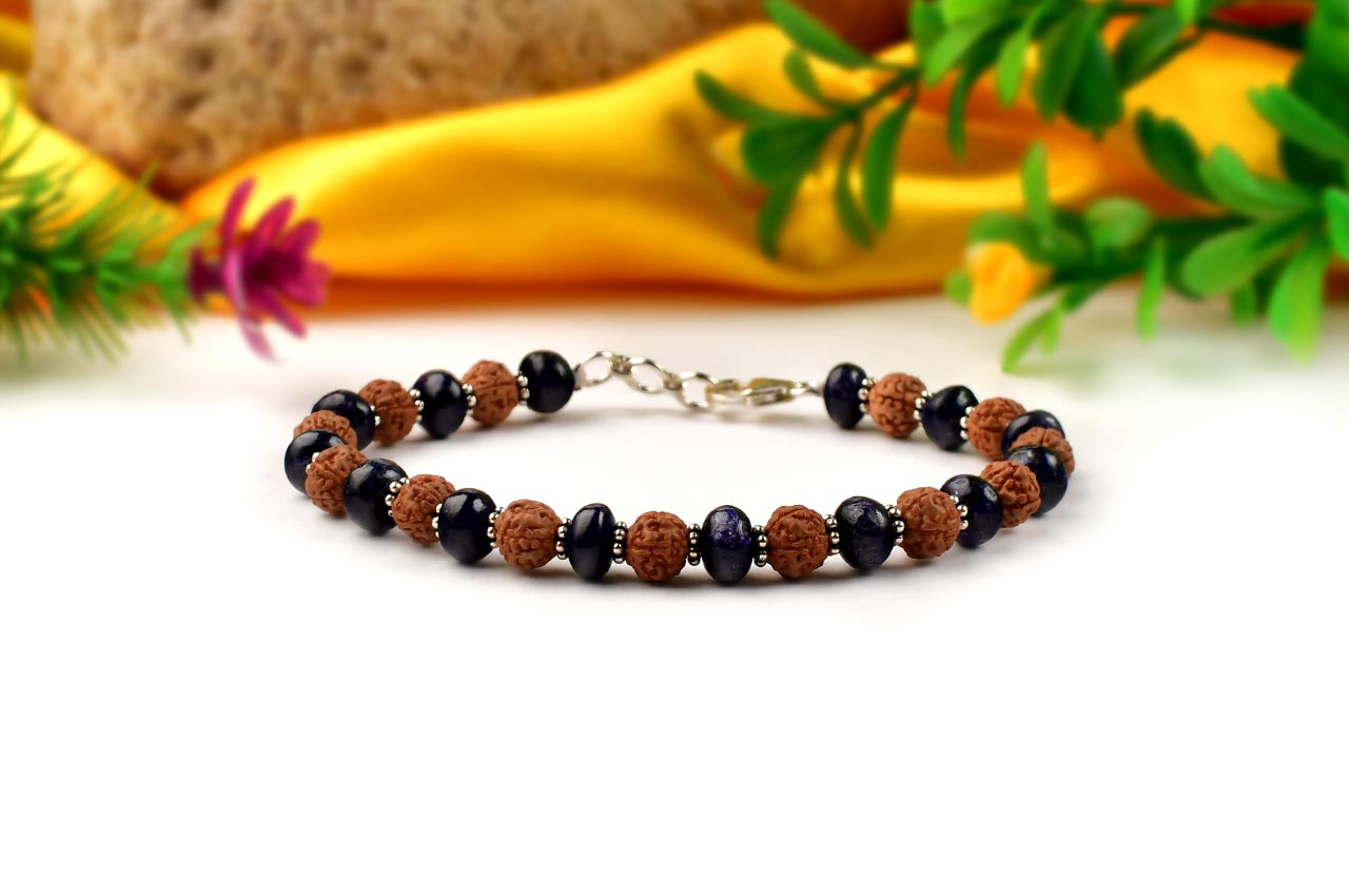 Blue Sapphire (Button Shape) & Rudraksha 925 Silver Chakri Bracelet