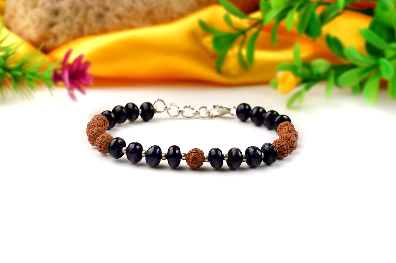 Blue Sapphire (Button Shape) & Rudraksha 925 Silver Balls Bracelet