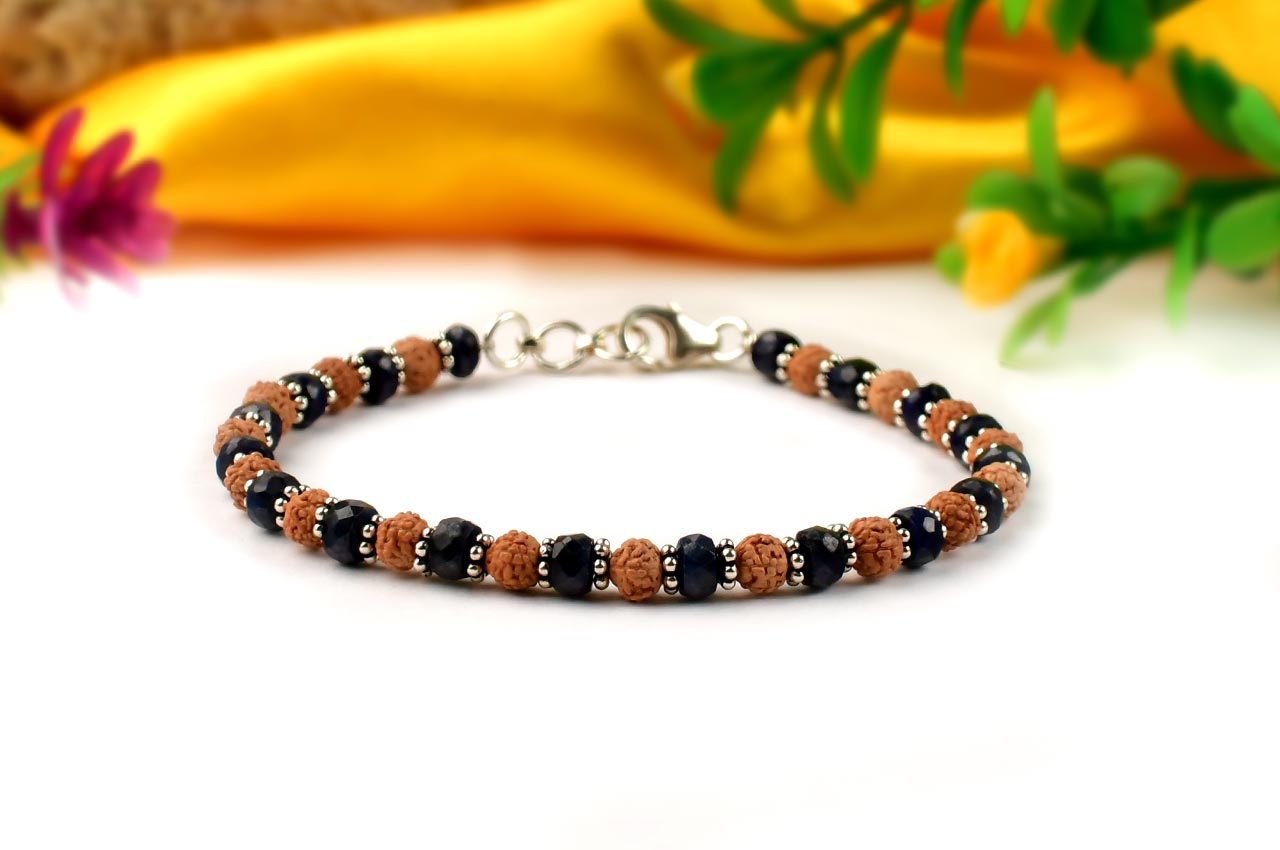 Blue Sapphire (Faceted Button Shape) & Rudraksha 925 Silver Chakri Bracelet