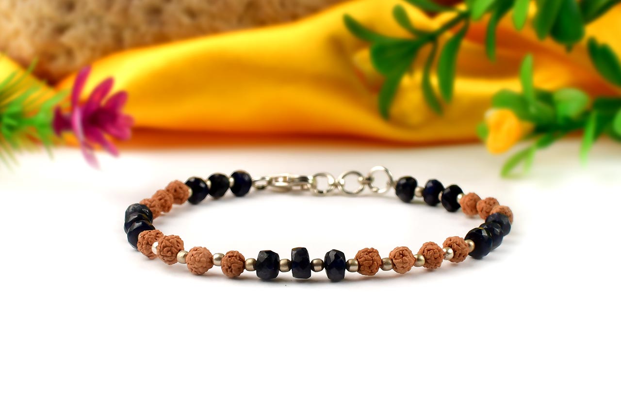 Blue Sapphire (Faceted Button Shape) & Rudraksha 925 Silver Balls Bracelet