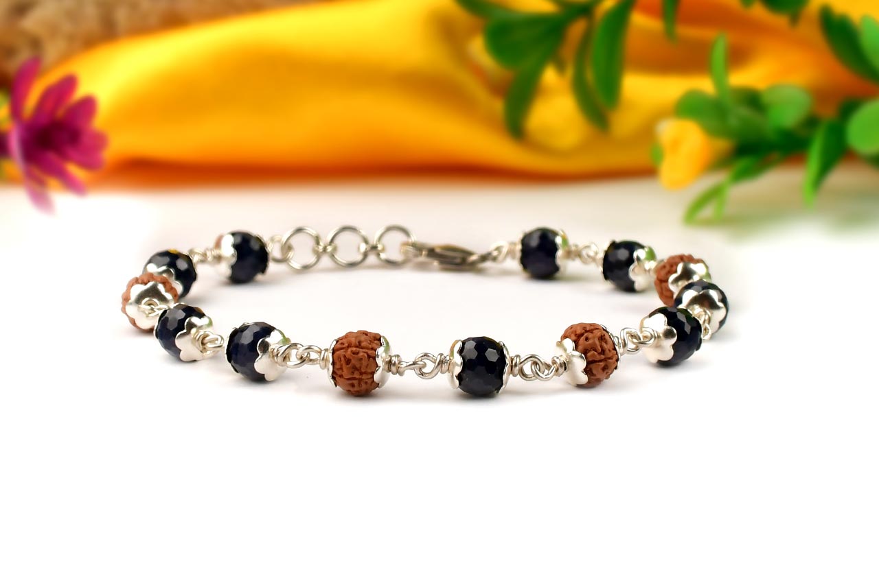 Faceted Blue Sapphire & Rudraksha 925 Silver Flower Caps Bracelet