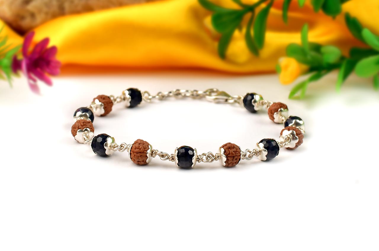 Rudraksha & Faceted Blue Sapphire 925 Silver Flower Caps Bracelet