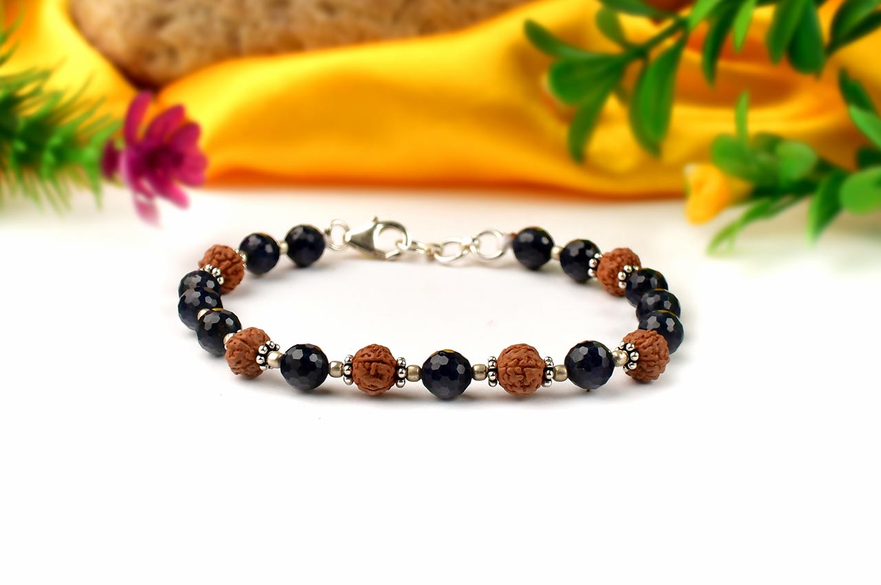 Faceted Blue Sapphire & Rudraksha Silver Chakri & Balls Bracelet