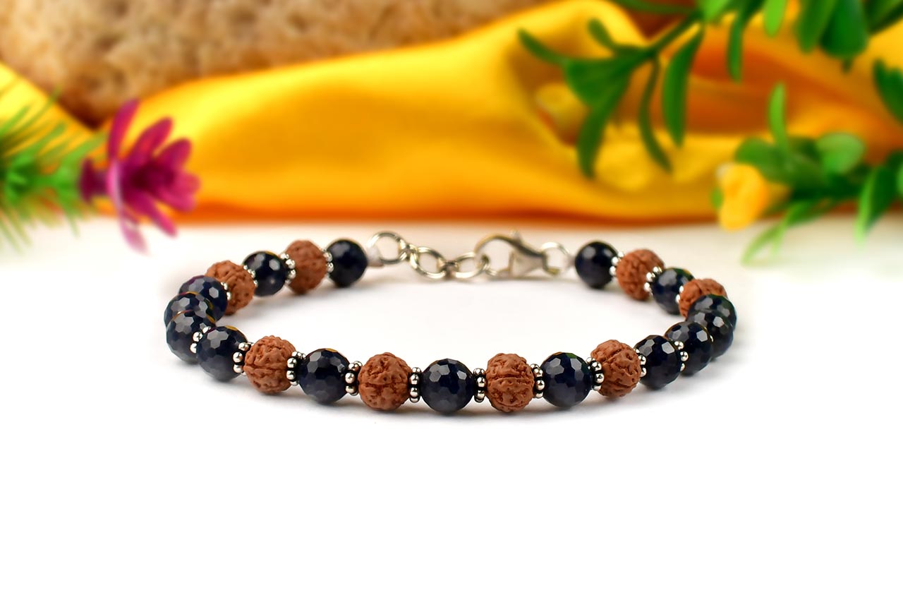 Faceted Blue Sapphire & Rudraksha Silver Chakri Bracelet