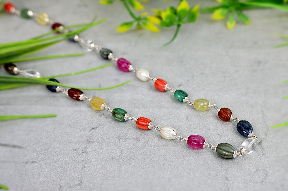 Designer Navratna 925 Silver Flower Caps Mala