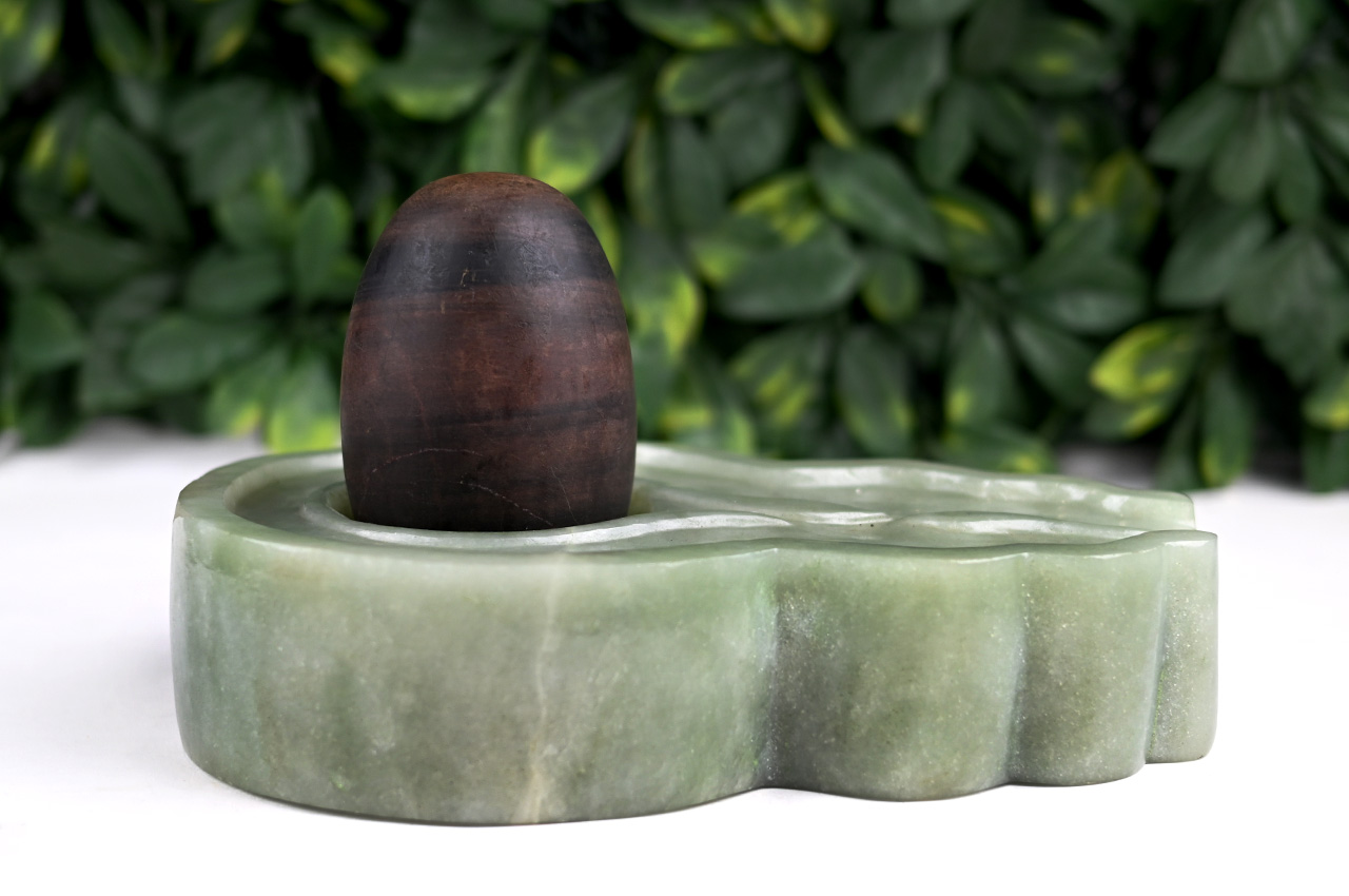 Black Narmada Lingam with Green Jade Yonibase I