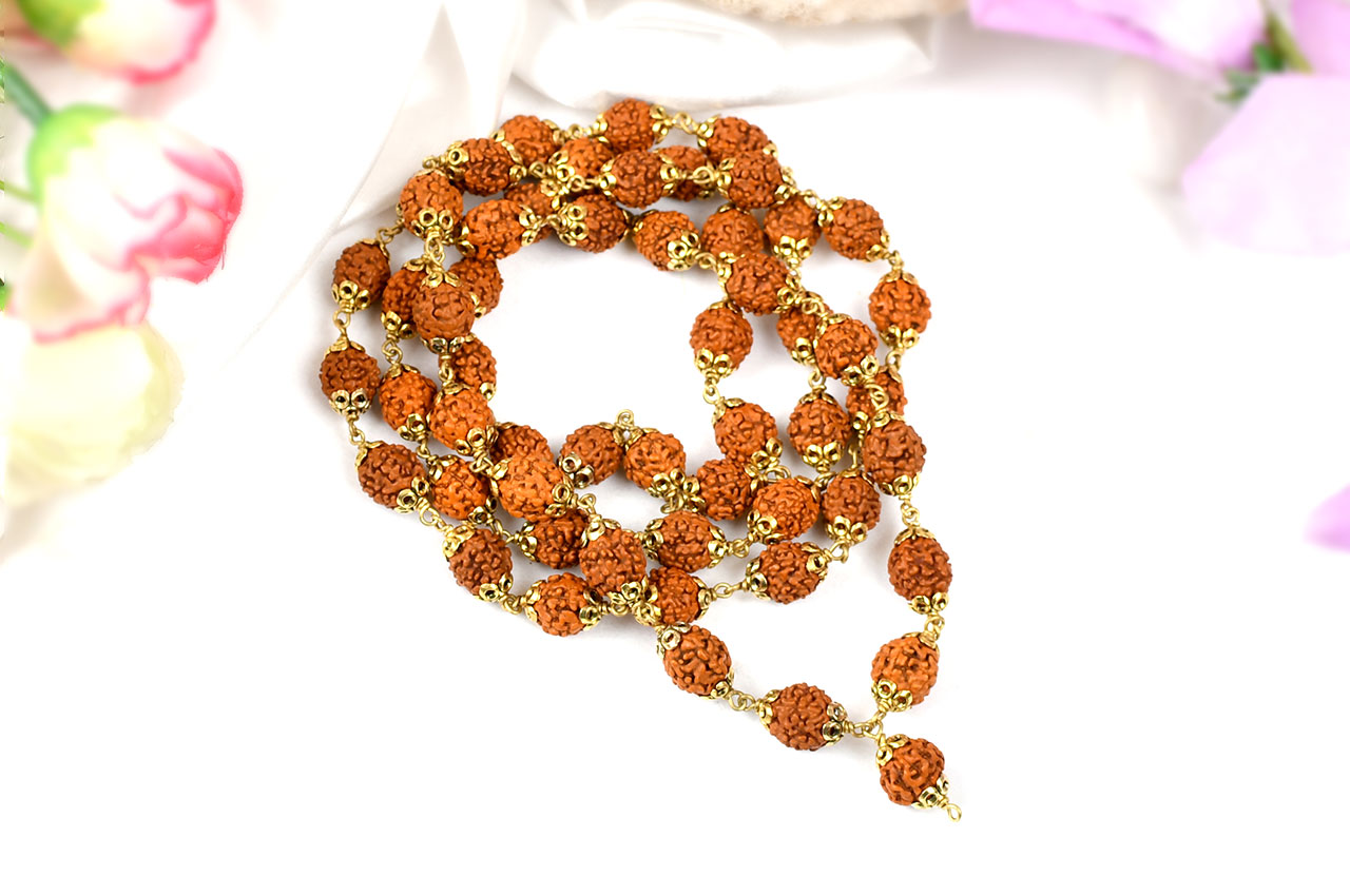 Rudraksha mala in designer gold polished caps-10 mm