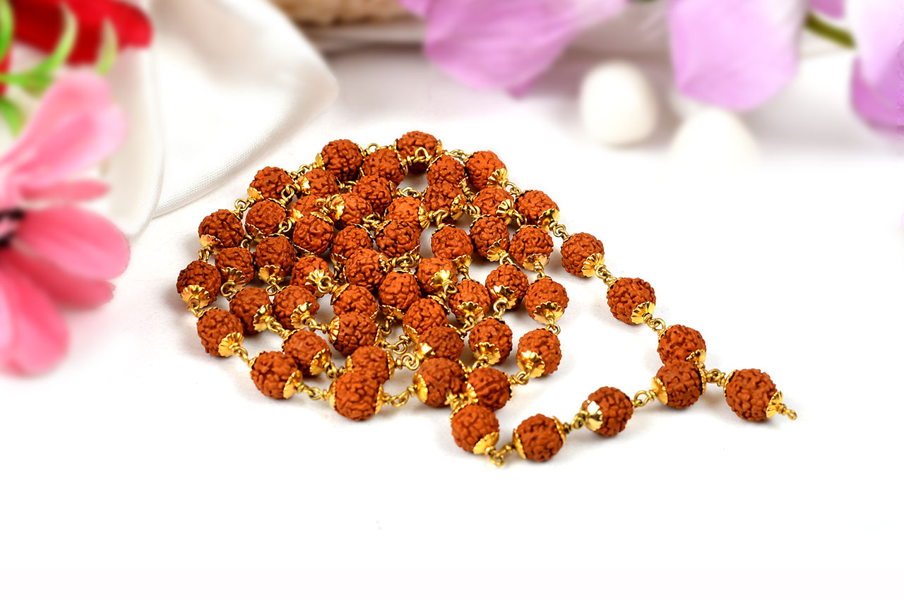 Rudraksha mala in gold polished caps-8 mm