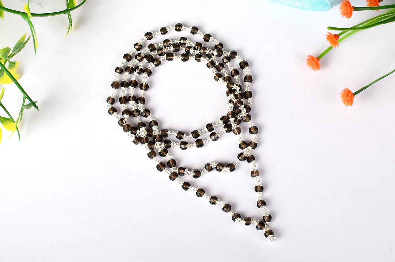 Buy  Smoky Quartz Round Faceted Mala in Silver Caps (4 mm) from Rudra Centre (Rudraksha Ratna) at reasonable prices.