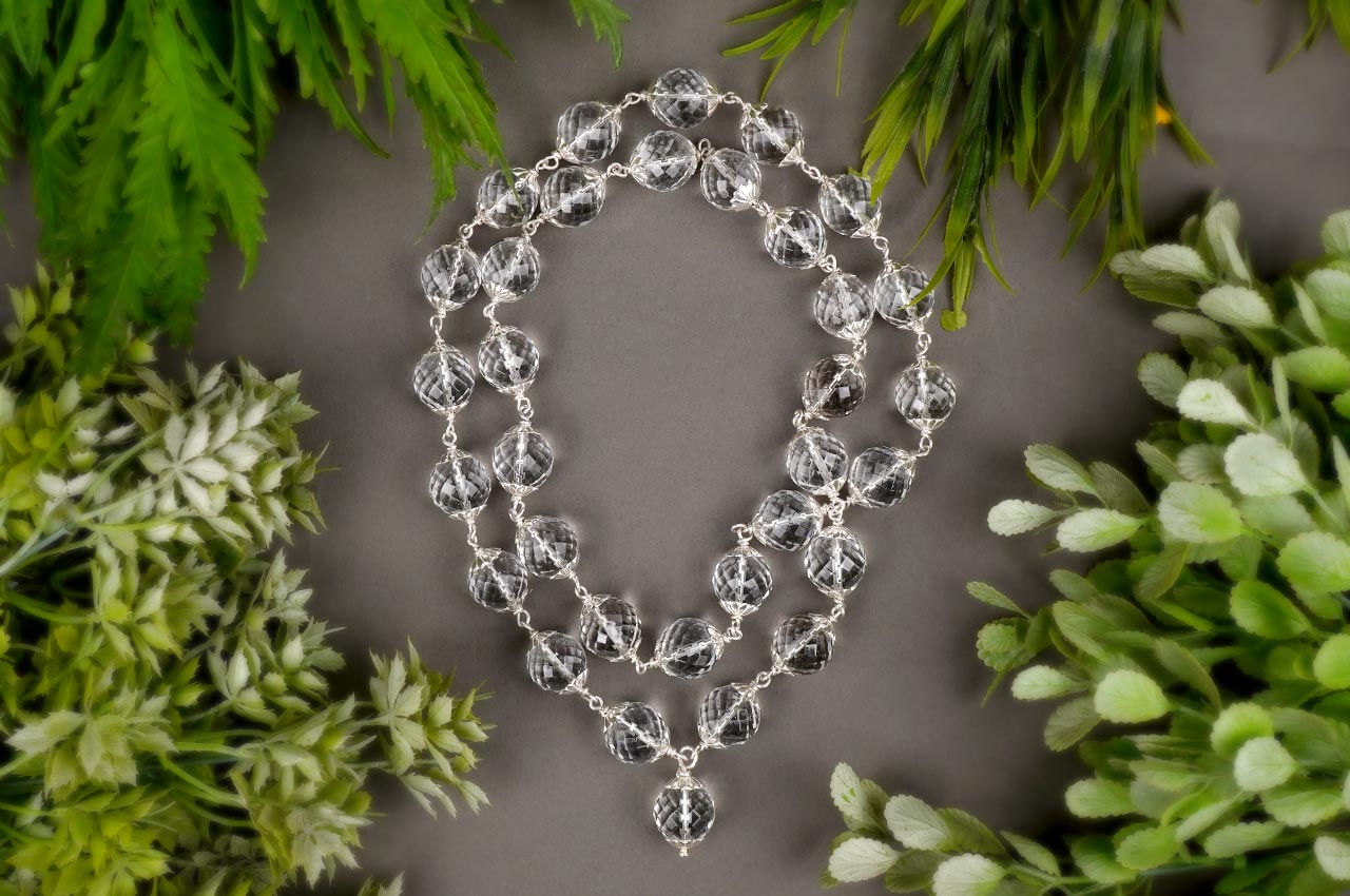 SR23Sphatik Crystal Faceted Silver Caps Mala - 16 mm