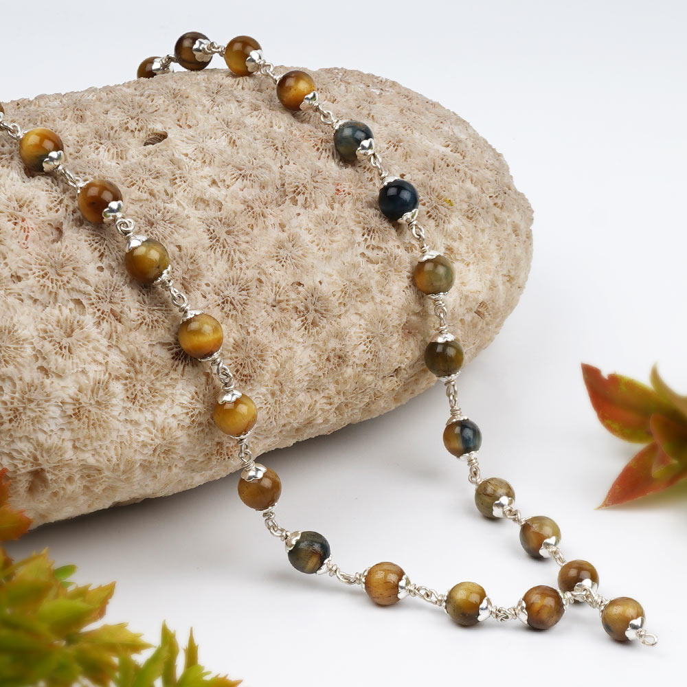 Black Cat's Eye 925 Silver Flower Caps Mala