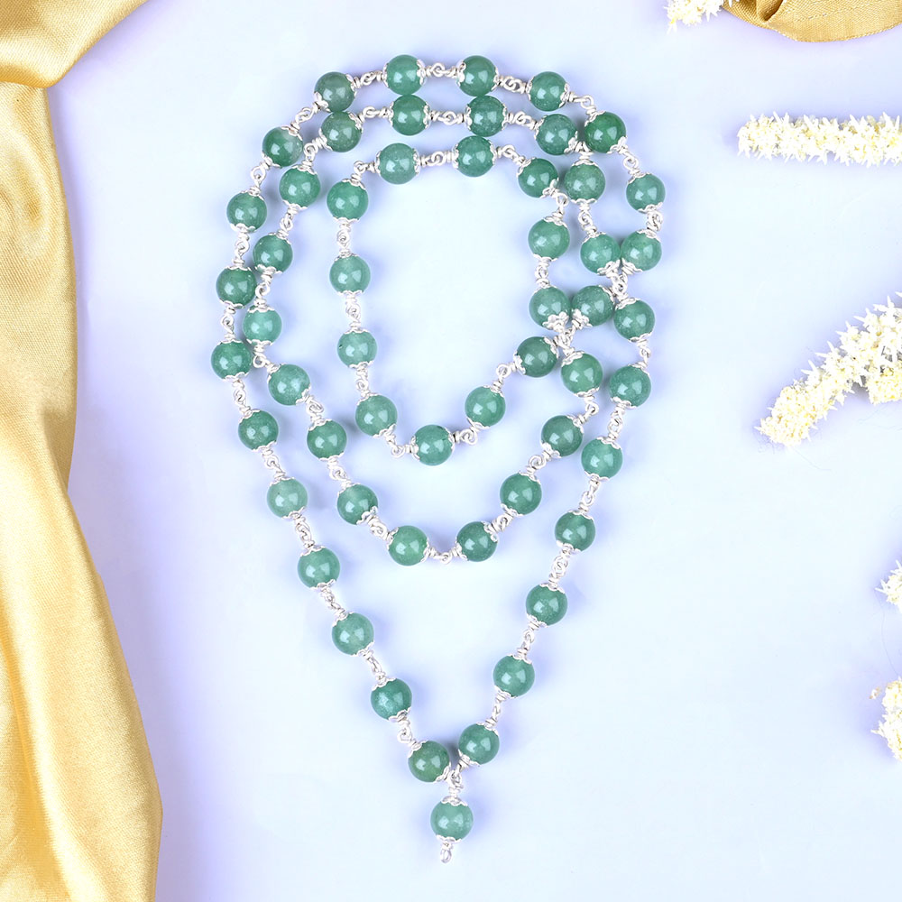 Green Aventurine 925 Silver Flower Caps Mala - 8 mm