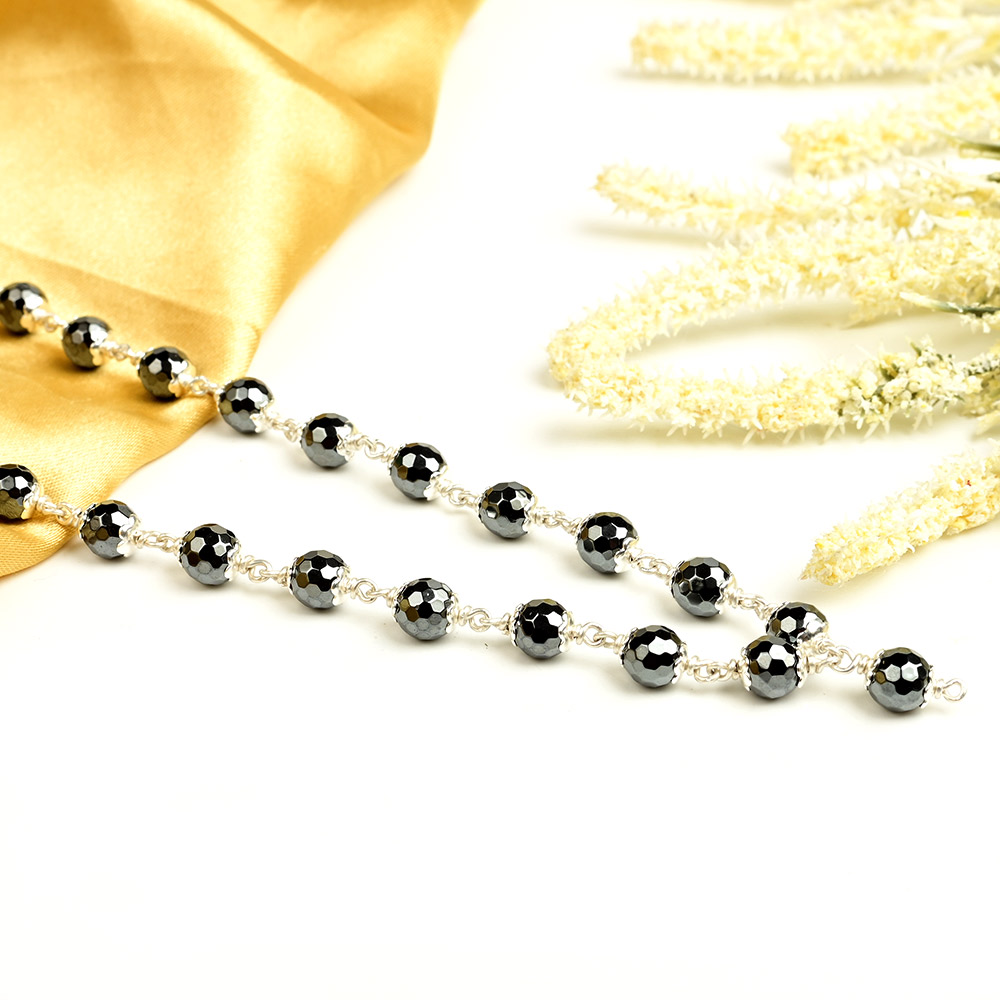 Hematite Faceted Beads 925 Silver Flower Caps Mala
