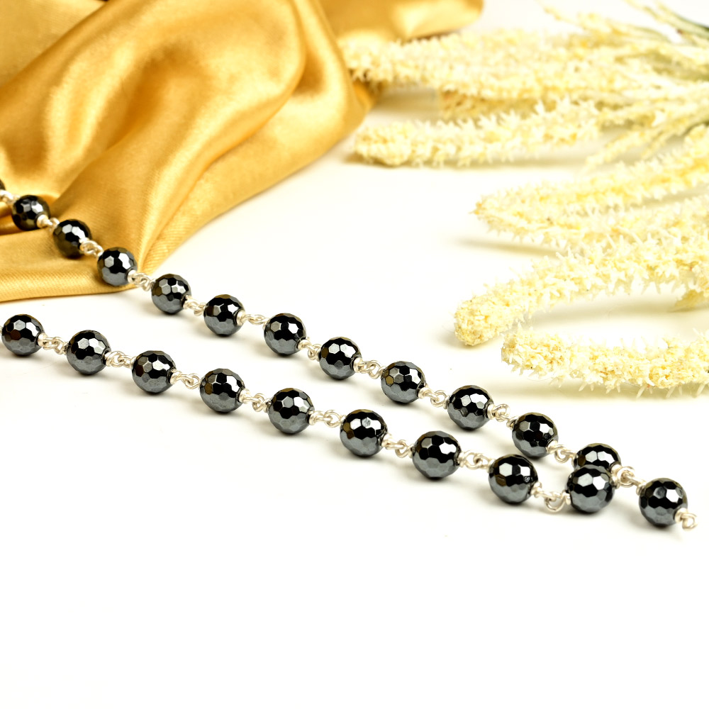 Hematite Faceted Beads 925 Silver Wire Mala